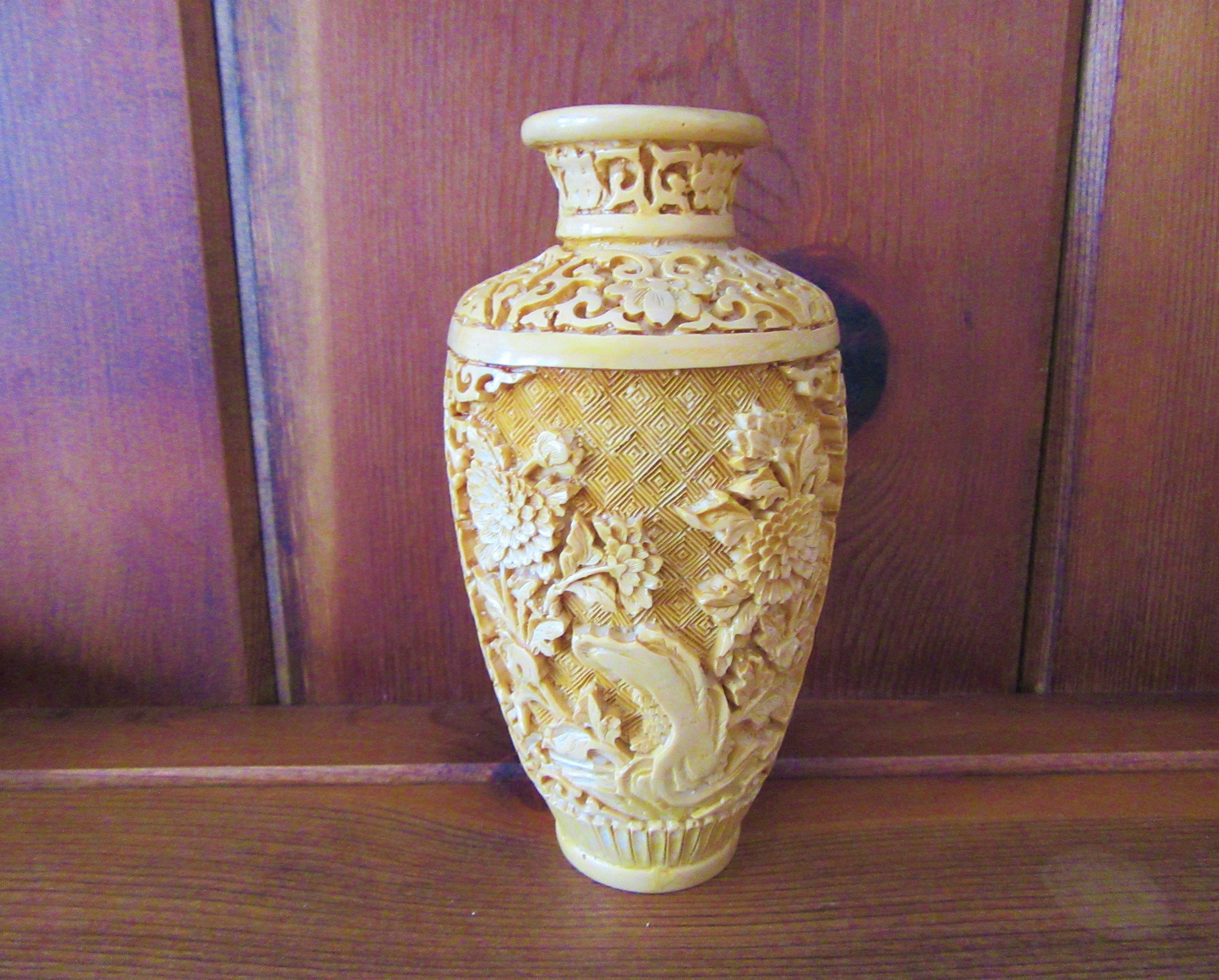 Vintage Carved CINNABAR VASE Faux Ivory Resin Vase Hand Carved Etsy