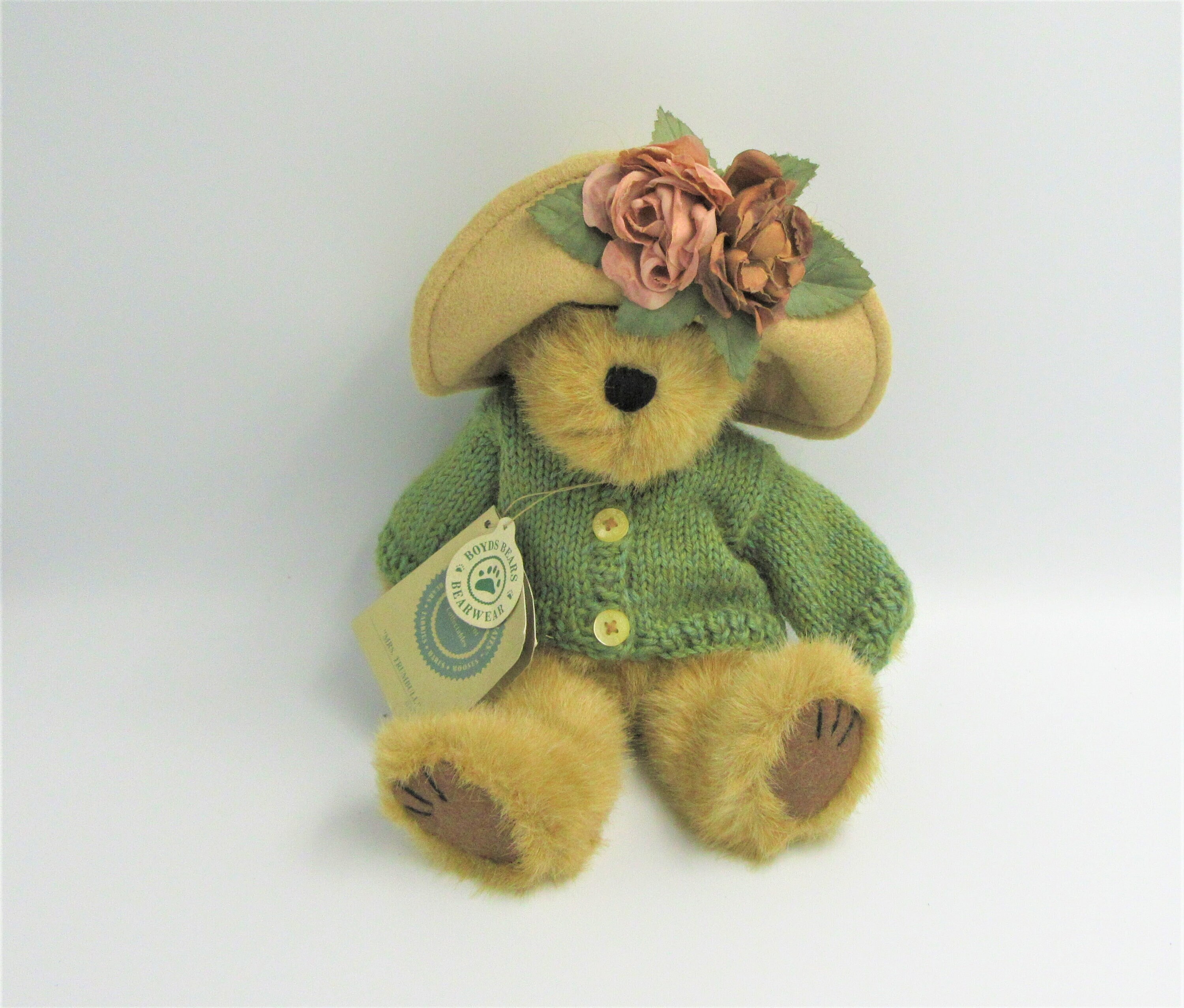 1990's Vintage BOYD'S BEAR / 10" Mrs. Trumbull / Investment Collectibles / Green Sweater / Hat / Silk Flowers / With Original Tags