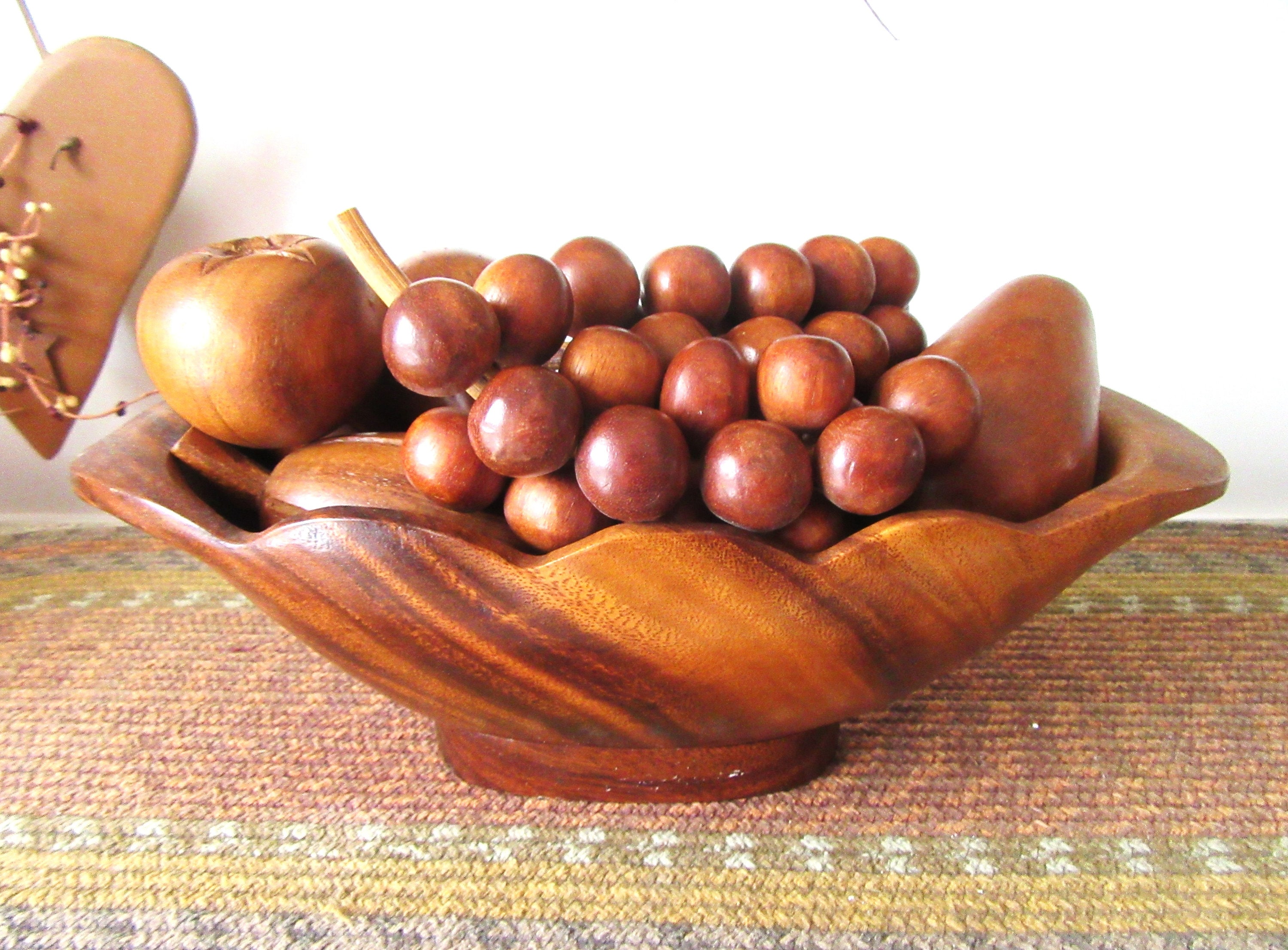 1960s Philcraft Monkeypod Bowl With Wooden Fruit: Mid Century
