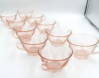 Vintage PINK DEPRESSION GLASS Tea Cup Set of 10 Mid Century Decor