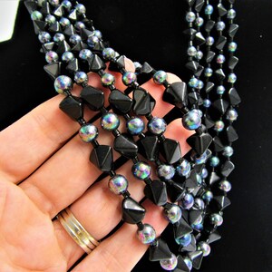 Vintage 5 Strand Beaded Necklace Choker Black Blue Beads Stamped JAPAN Costume Jewelry Fashion Accessory