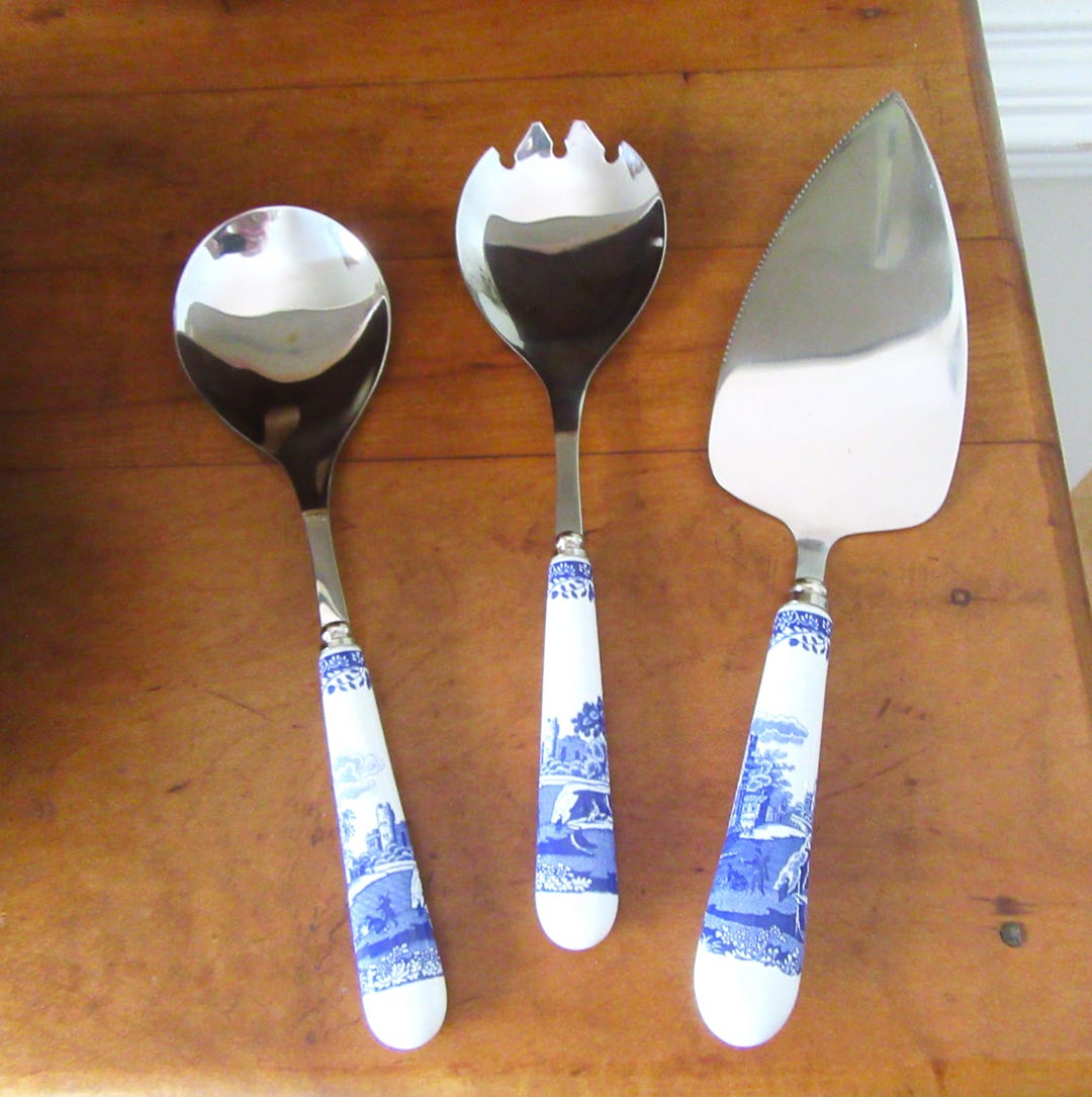 Spode BLUE Italian ケーキサーバーとデザートフォーク Vintage Spode Italian Blue & White Serving Set: Salad Fork, Spoon
