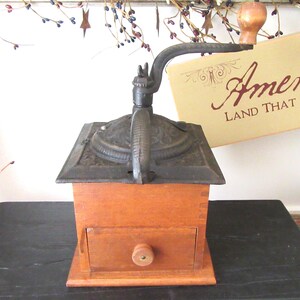Antique Wooden Coffee Grinder / Cast Iron / Working Coffee Mill / Rustic Farmhouse Decor