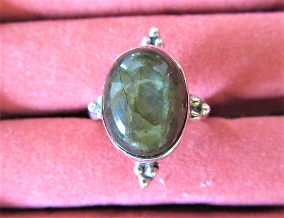 Vintage Sterling Silver Cocktail Ring: Green Moon… - image 3