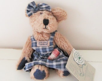 1990&#39;s Boyd&#39;s Bear 6&quot; Plush  CLEMENTINE / Investment Collectibles / Fully Jointed Bear / Blue Gingham Plaid Dress / With Tags
