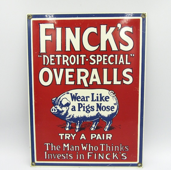Vintage Finck's Overalls Porcelain Sign: Ande Rooney Advertising