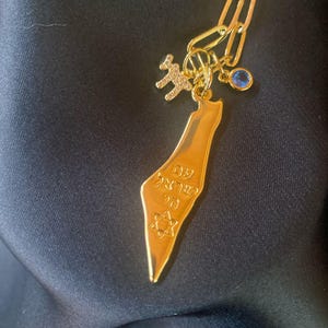 Jewish Jewelry Map of Israel Necklace with Cahi and Blue Stone Representing Israel Flag