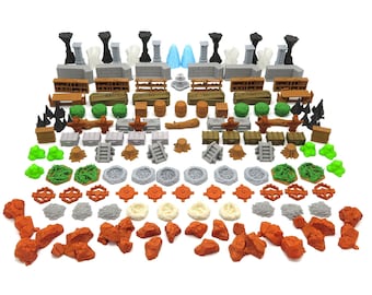 Pode incluir: Uma coleção de peças de terreno em miniatura impressas em 3D para jogos de mesa. O conjunto inclui árvores, rochas, muros, cercas e outros objetos em várias cores e texturas.