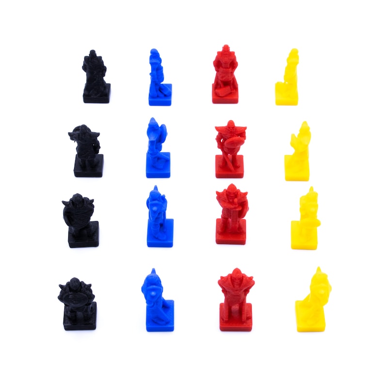 May include: A set of 16 game pieces in four colors: black, blue, red, and yellow. Each piece is a small figurine with a unique design.