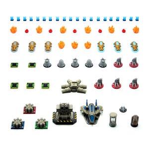 May include: A collection of miniature game pieces, including blue and orange flames, small vehicles, and other sci-fi themed components. The pieces are in various colors, including gray, green, and blue.
