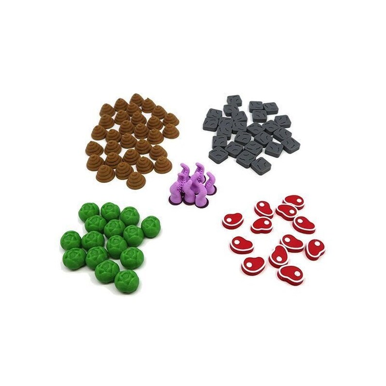May include: A set of colorful game pieces, including brown poop, gray squares, purple tentacles, green broccoli, and red steaks.