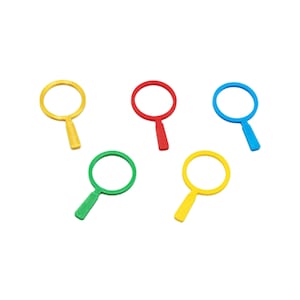 May include: Five magnifying glasses in different colors: yellow, red, blue, green, and yellow. The magnifying glasses are all the same size and shape.