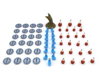 May include: A set of game pieces including blue potion bottles, red and white bottle stoppers, and silver coins with the number "1" and the letter "S" printed on them.