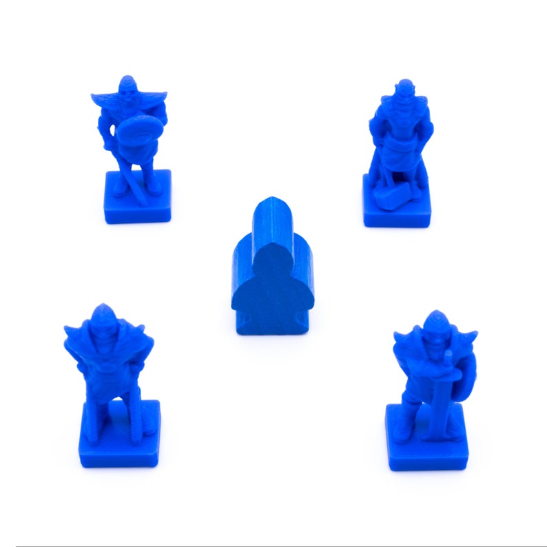 May include: Five blue plastic game pieces, four are figures of warriors with swords and shields, and one is a simple figure of a person. The figures are on a white background.