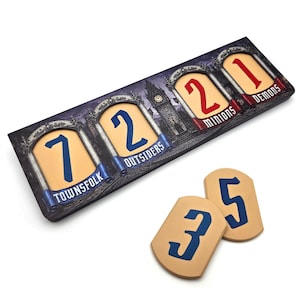 May include: A rectangular game board featuring four arched windows with the numbers 7, 2, 2, and 1, labeled Townsfolk, Outsiders, Minions, and Demons. Two separate tan tokens with the blue numbers 3 and 5 are positioned in front of the board.