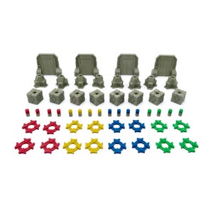 May include: A set of grey plastic building blocks in various shapes and sizes. The set includes four grey towers, four grey cubes, and eight small coloured cylinders. The cylinders are red, yellow, blue, and green.