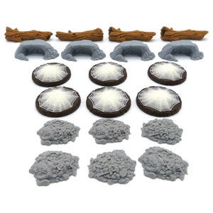 Puede incluir: Un conjunto de 18 piezas de terreno en miniatura para juegos de mesa. El conjunto incluye tres troncos marrones, seis formaciones rocosas grises, seis bases de telaraña marrones y blancas y tres montones de escombros grises.