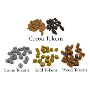 Resource Tokens for Teotihuacan - 100 Pieces | Cocoa, Stone, Gold and Wood. Board Game Accessories and Upgrades