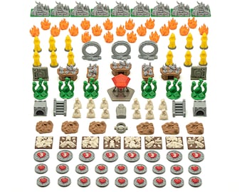 May include: A set of colorful plastic game pieces for a fantasy board game. The pieces include towers, gates, fire, coins, and other fantasy elements.