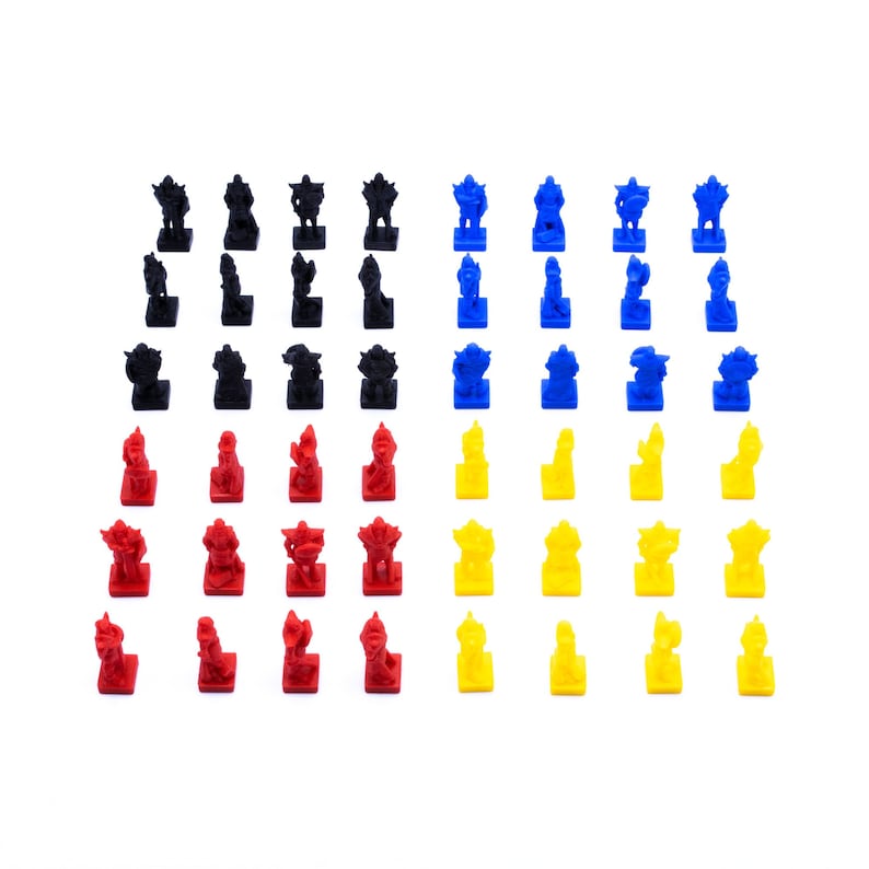 May include: A set of 40 plastic game pieces in four colors: black, blue, red, and yellow. The pieces are arranged in a triangular pattern on a white background.