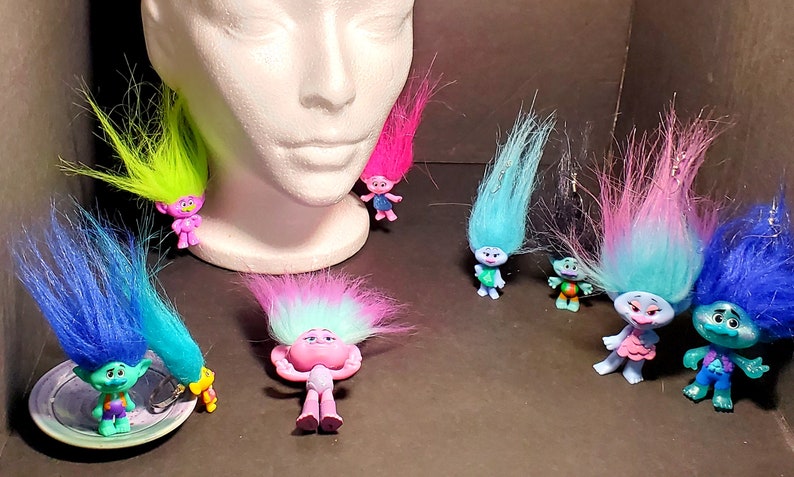 Trolls Upcycled Troll Doll Earrings, Rings, Pin FREE SHIPPING Kidcore Toycore Bubble Kid Goth Pop Play Toy Kandi Rave Festival Aesthetic image 2