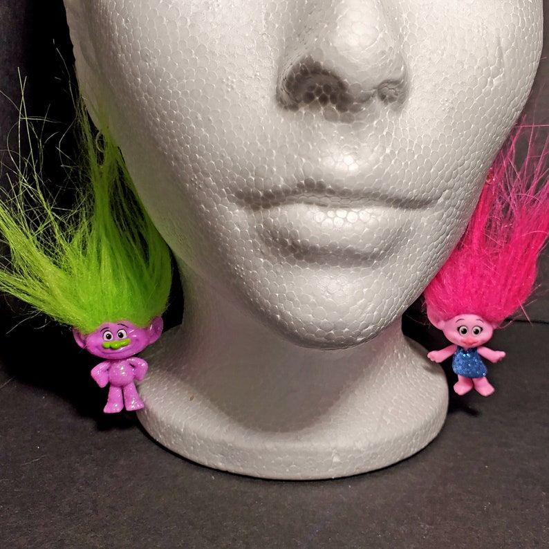 Trolls Upcycled Troll Doll Earrings, Rings, Pin FREE SHIPPING Kidcore Toycore Bubble Kid Goth Pop Play Toy Kandi Rave Festival Aesthetic image 1
