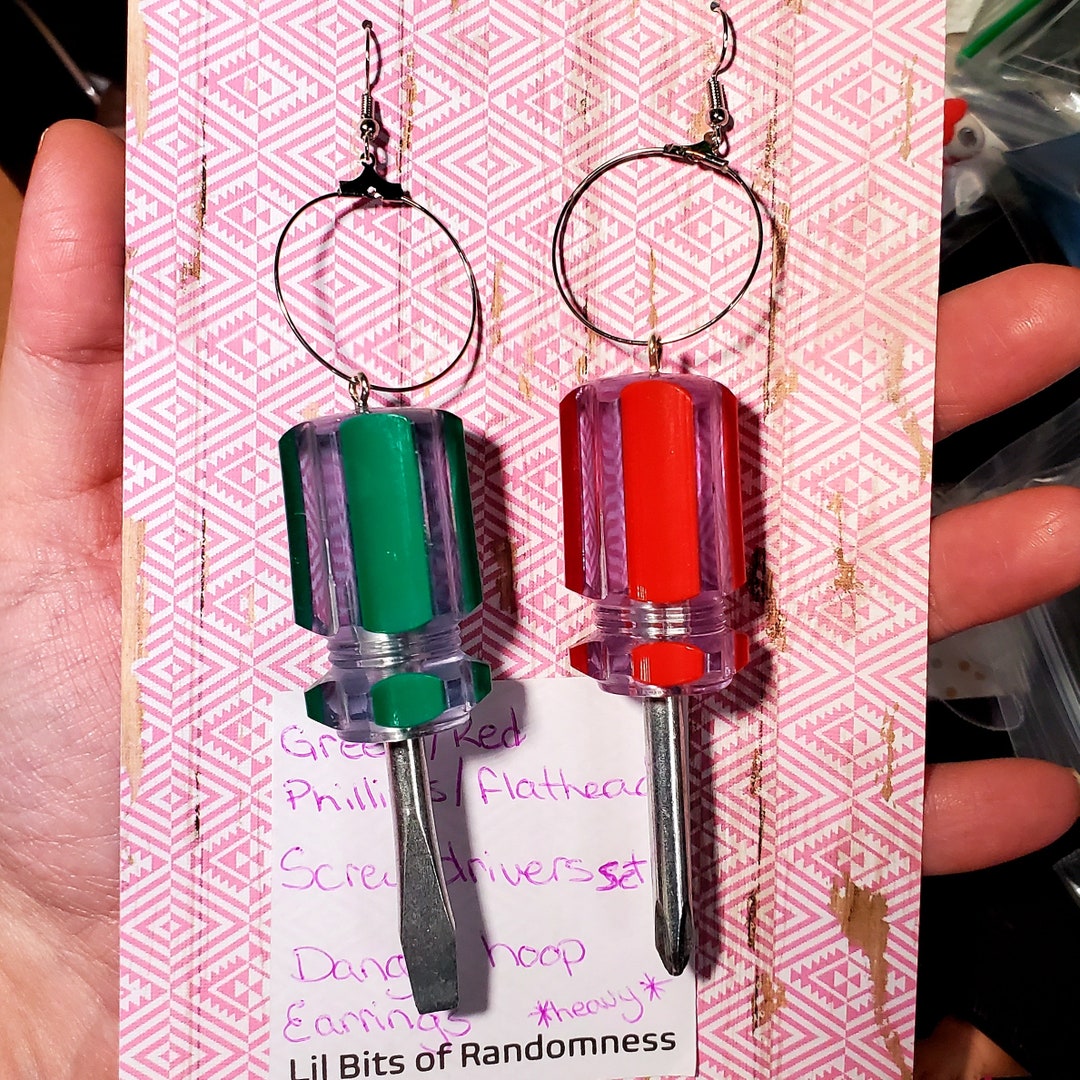 Functional Short Screwdriver Hoop Earrings Flathead Philips