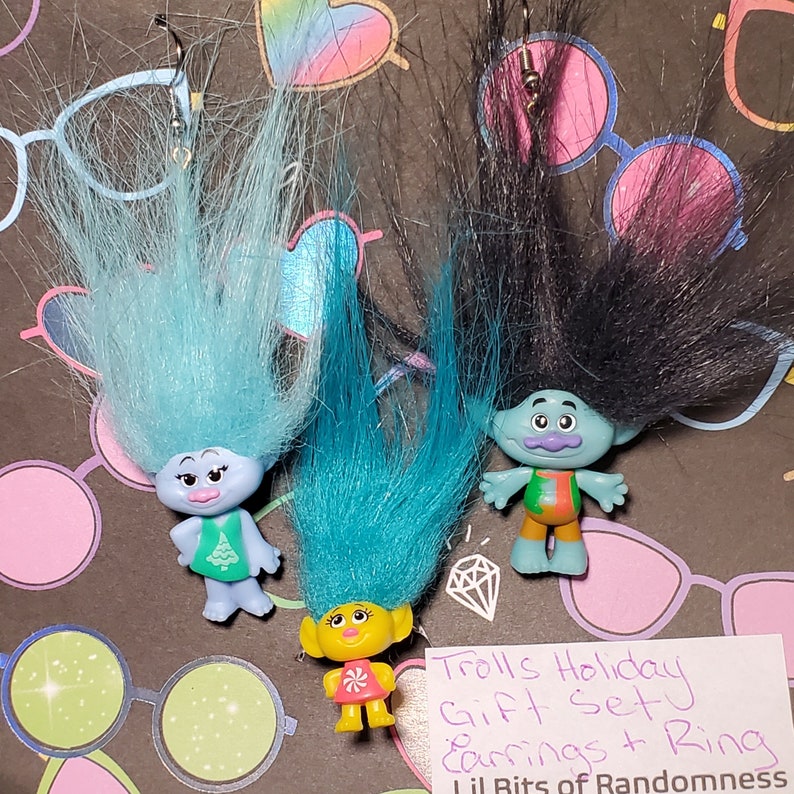 Trolls Upcycled Troll Doll Earrings, Rings, Pin FREE SHIPPING Kidcore Toycore Bubble Kid Goth Pop Play Toy Kandi Rave Festival Aesthetic Holiday Gift Set