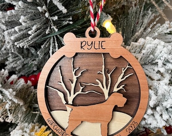 Dog Christmas Ornament, Personalized dog Christmas Ornament, Dogs name and year, 3 layer wood ornament. Made to order with your dog breed.