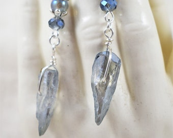Silver Drop Earrings with Quartz Shards and Czech Glass Beads