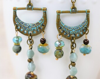 Chandelier Earrings - Elegant Bronze Patina Beaded Earrings