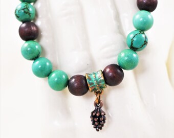 Turquoise Beaded Bracelet with Copper Pine Cone Charm