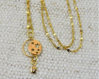 Gold Moon and Stars Necklace: Celestial Rhinestone Pendant