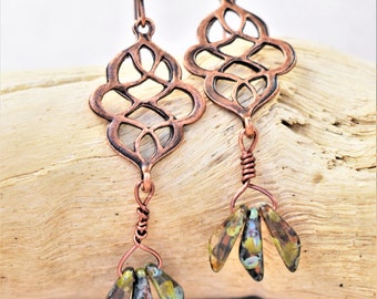 Earrings - Unique Copper Earrings with Rustic Czech Glass Drops