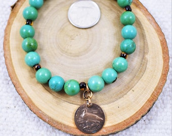 Bracelet - Green Turquoise Beaded Bracelet with Bronze Bird Coin Charm