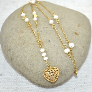 Gold Filigree Heart Necklace: Freshwater Pearls, Mother of Pearl Beaded Chain