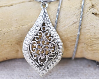 Silver Women's Necklace,  Scrolled Teardrop Pendant on Snake Chain