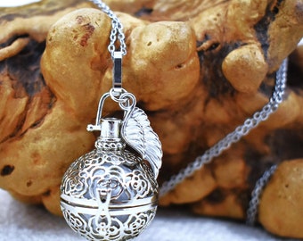 Silver Angel Caller Bola Necklace: Rose Harmony Chime Ball with Wing Charm