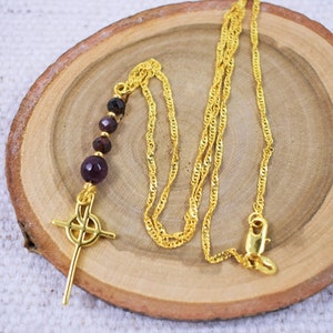 Necklace - 18K Gold Chain with Gold Cross and Genuine Garnet Beads