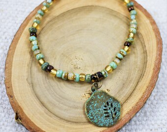 Czech Glass Beaded Bracelet: Bronze Branch Charm, Earth Tone Jewelry