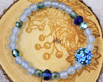 Bracelet - Genuine Aquamarine, Czech Glass and Floral Lampwork Glass Bracelet