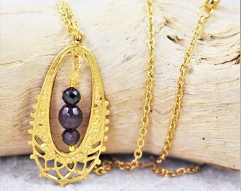 Necklace - Genuine Garnet Gold Filigree Necklace