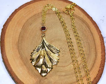 Gold Leaf Pendant on Garnet Connector Necklace, Nature Jewelry Gift