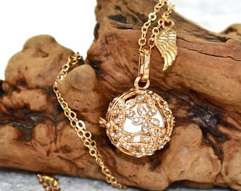 Gold Angel Caller Necklace: Floral Crystal Harmony Chime Ball Necklace