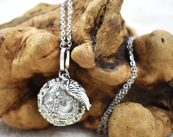 Necklace - Mexican Angel Caller Harmony Chime Ball, Silver Floral with Crystals