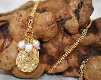 Gold Sea Shell Necklace: Freshwater Pearls, 18K Gold Plated