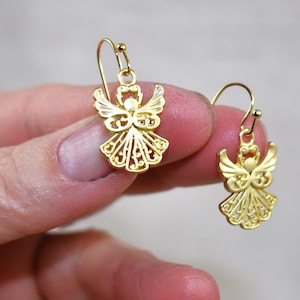 Gold Angel Earrings pretty angels in matte satin gold. Earrings gift for Christmas, Jewelry gift for her. Gift for wife, gift for daughter, gift for co-worker, gift for best friend, Religious angel gift, gift for mom, gold earrings gift, satin gold