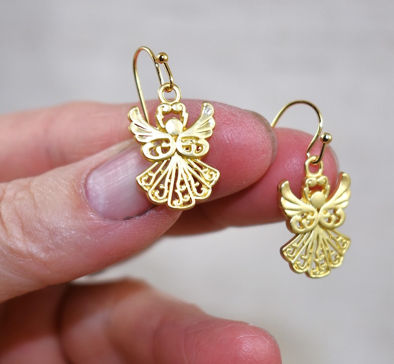 Gold Angel Earrings pretty angels in matte satin gold. Earrings gift for Christmas, Jewelry gift for her. Gift for wife, gift for daughter, gift for co-worker, gift for best friend, Religious angel gift, gift for mom, gold earrings gift, satin gold