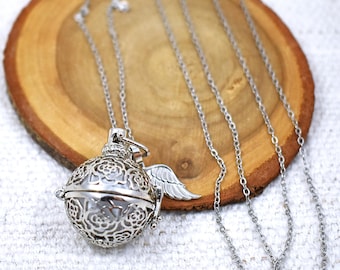 Silver Angel Caller Bola Necklace: Rose Harmony Chime Ball with Wing Charm