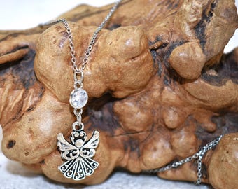 Silver Guardian Angel Necklace: Cubic Zirconia Connector, 18 Inch Chain